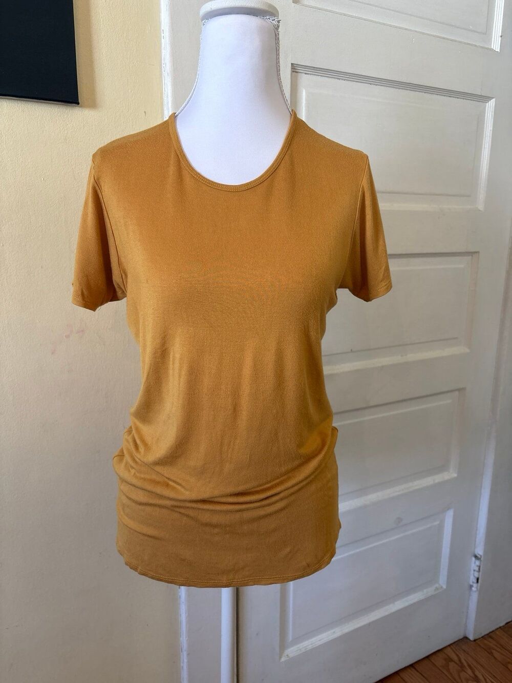 Woman's basic top t-shirt scoop neck golden mustard yellow layering essentials